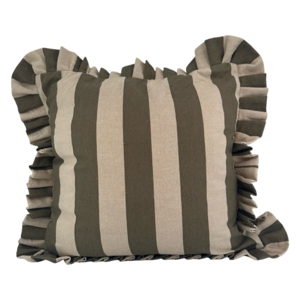 CUSHION COVER FLOUNCE OLIVE BLOCK STRIPE